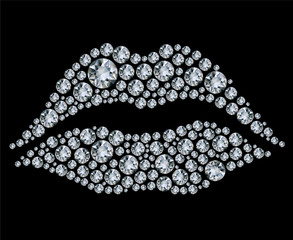 Lips shape made up a lot of diamond on the black background - 32590431