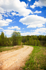 Fototapeta na wymiar Country road under blue sky with white clouds, vertical shot