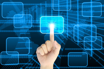 hand pushing a button on a touch screen interface