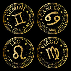 Gemini, Cancer, Leo and Virgo rubber stamp illustrations