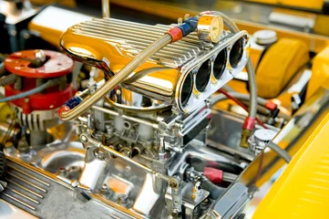 Stof per meter Motorsport powerful race vehicle engine and blower closeup