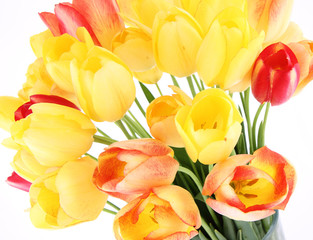 Bouquet of yellow, orange and red tulips