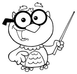 Outlined Owl Teacher Cartoon Character With A Pointer