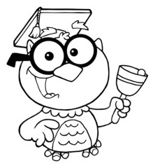 Outlined Owl Teacher With Graduate Cap And Bell