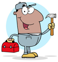 African American Construction Worker With Hammer And Tool Box