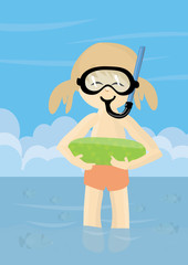 Smiling girl with inner tube and snorkel mask