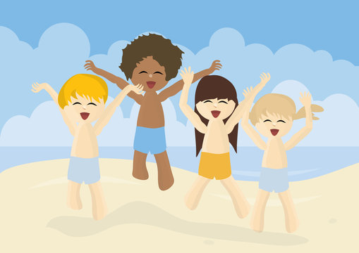 Happy kids jumping on summer beach