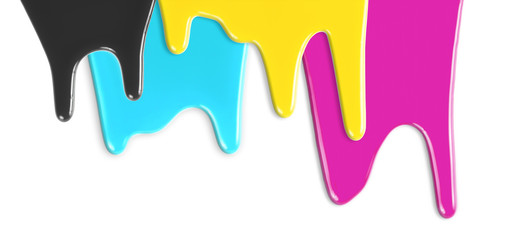 CMYK cyan magenta yellow black inks dripping isolated on white