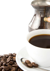 cup of coffee and beans isolated on white
