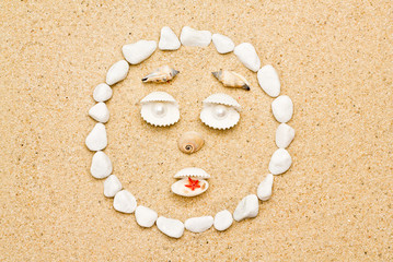 Fototapeta na wymiar face of shells on the beach. funny smile