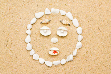 Fototapeta na wymiar smile of shells on the sand. funny smile