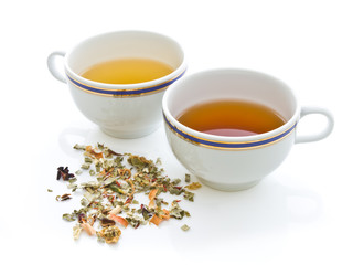 Couple cup of herbal tea on the white table