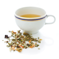 A cup of herbal tea on the white table