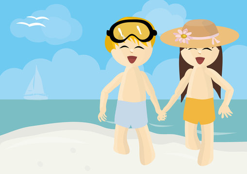 Boy and girl running on summer beach