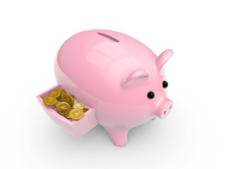 pig bank with coins in drawer