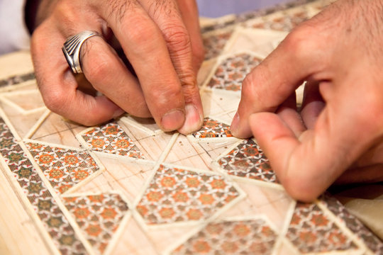 Proces of making traditional Persian mosaic technics khatam