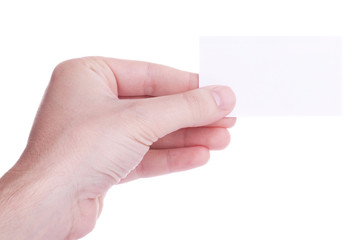 Fototapeta premium Male hand holding a blank white card against white background