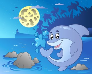 Paysage marin de nuit avec dauphin sauteur