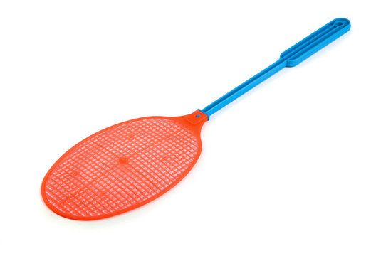 Red plastic fly swatter isolated on white