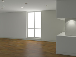 Interno vuoto con finestre e faretti