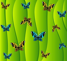 Green background with small butterflies. Vector