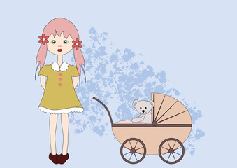 Girl with doll's pram