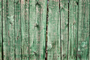 Fototapeta na wymiar Grungy green wooden picket fence with peeling paint