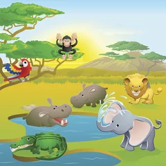 Store enrouleur tamisant Zoo Scène de dessin animé animal mignon safari africain