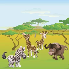 Abwaschbare Fototapete Zoo Niedliche afrikanische Safari-Tier-Cartoon-Szene