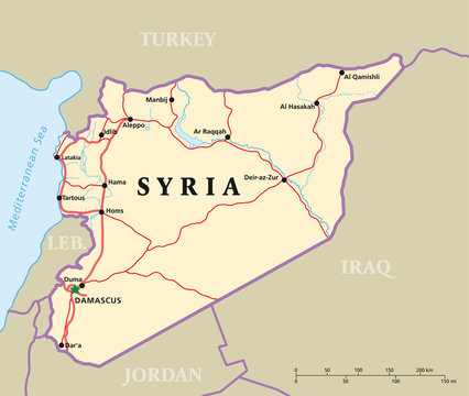 Syria political map with capital Damascus, national borders, most important cities, rivers and lakes. Illustration.