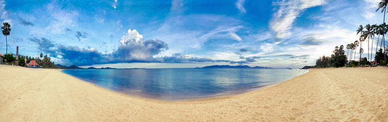 Stitched Panorama of tropical beach before sunset. Thailand