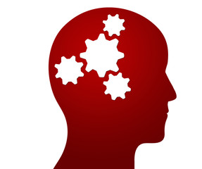 Profile of a head containing cogs illustrating a thought process