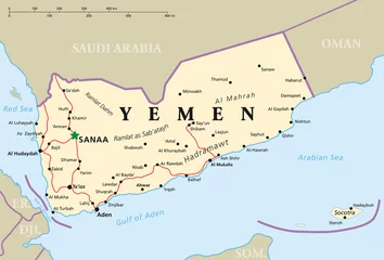 Foto op Plexiglas Yemen political map with capital Sanaa, national borders and most important cities. English labeling and scaling. Illustration. © Peter Hermes Furian