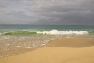 Fototapeta na wymiar waves roll in on the beach paradise of boa vista