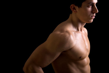 Fototapeta premium Muscular male torso on black background