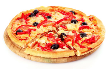 Pizza with olives and tomatoes closeup