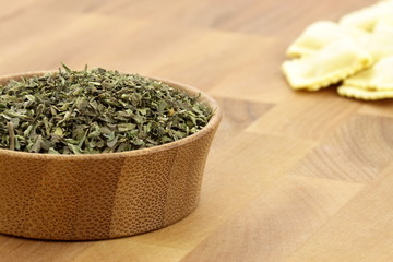 raw beef ravioli and italian herbs