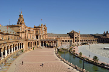 A beautiful sunny panorama of the magnificent Plaza De Espana in Seville in Andalucia Southern Spain
