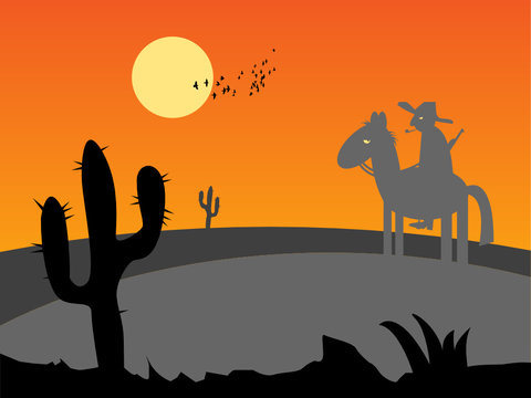 Mexico desert sunset with cactus and horse rider