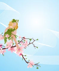 Poster Monde magique fée des fleurs sur le vecteur de cerisier en fleurs