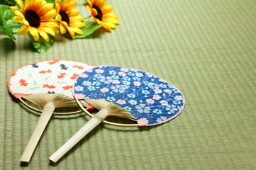 うちわ　たたみ　向日葵　金魚　花柄