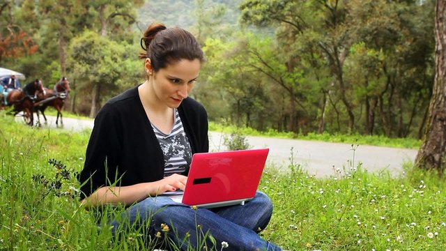 beautiful girl using computer , phaeton passing behind 2