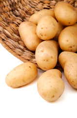 Fresh potatoes in a basket, white background