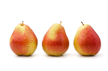 Three pears, arranged in a row, isolated, white background