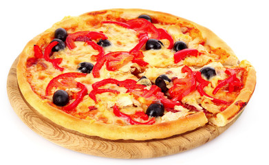 Pizza with olives and tomatoes closeup