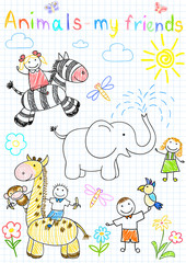 Vector sketches happy children's and animals