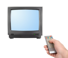 Hand with remote control and tv
