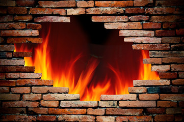 Fototapety  hole wall and fire