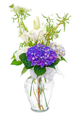 Hydrangea and lily sympathy flower bouquet in vase
