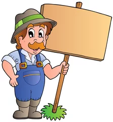 Foto op Plexiglas Boerderij Cartoon boer met houten plank